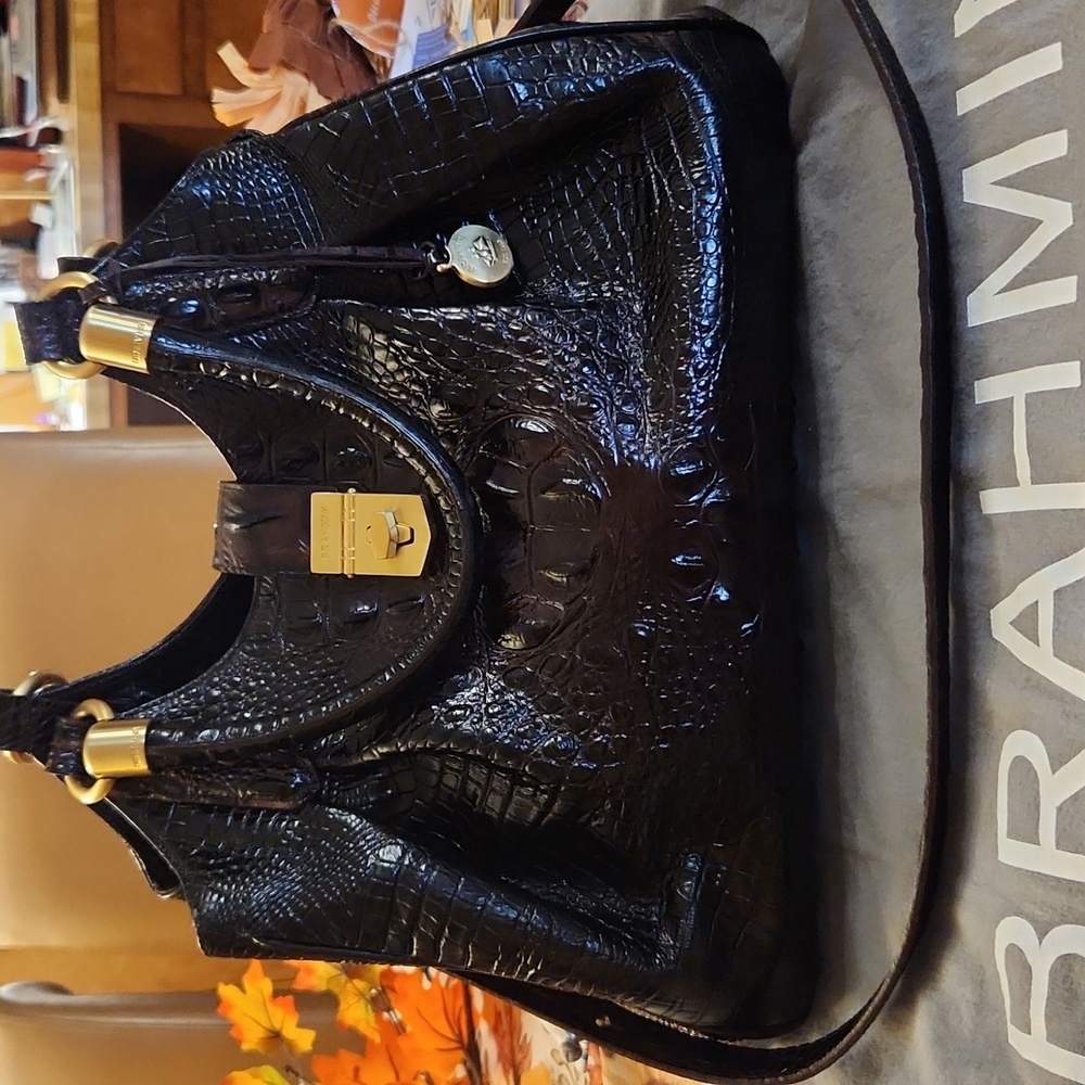 Brahmin Black Croc-Embossed Leather Satchel with Gold Hardware